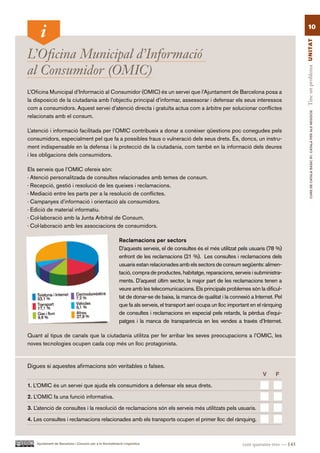 10




                                                                                                                                               Tinc un problema UN ITAT
L’Oficina Municipal d’Informació
al Consumidor (OMIC)
L’Oficina Municipal d’Informació al Consumidor (OMIC) és un servei que l’Ajuntament de Barcelona posa a
la disposició de la ciutadania amb l’objectiu principal d’informar, assessorar i defensar els seus interessos
com a consumidors. Aquest servei d’atenció directa i gratuïta actua com a àrbitre per solucionar conflictes




                                                                                                                                                       CURS DE CATAlà BàSIC B1. CATAlà PER AlS nEGoCIS
relacionats amb el consum.

L’atenció i informació facilitada per l’OMIC contribueix a donar a conèixer qüestions poc conegudes pels
consumidors, especialment pel que fa a possibles fraus o vulneració dels seus drets. És, doncs, un instru-
ment indispensable en la defensa i la protecció de la ciutadania, com també en la informació dels deures
i les obligacions dels consumidors.

Els serveis que l’OMIC ofereix són:
· Atenció personalitzada de consultes relacionades amb temes de consum.
· Recepció, gestió i resolució de les queixes i reclamacions.
· Mediació entre les parts per a la resolució de conflictes.
· Campanyes d’informació i orientació als consumidors.
· Edició de material informatiu.
· Col·laboració amb la Junta Arbitral de Consum.
· Col·laboració amb les associacions de consumidors.

                                                           Reclamacions per sectors
                                                           D’aquests serveis, el de consultes és el més utilitzat pels usuaris (78 %)
                                                           enfront de les reclamacions (21 %). Les consultes i reclamacions dels
                                                           usuaris estan relacionades amb els sectors de consum següents: alimen-
                                                           tació, compra de productes, habitatge, reparacions, serveis i subministra-
                                                           ments. D’aquest últim sector, la major part de les reclamacions tenen a
                                                           veure amb les telecomunicacions. Els principals problemes són la dificul-
                                                           tat de donar-se de baixa, la manca de qualitat i la connexió a Internet. Pel
                                                           que fa als serveis, el transport aeri ocupa un lloc important en el rànquing
                                                           de consultes i reclamacions en especial pels retards, la pèrdua d’equi-
                                                           patges i la manca de transparència en les vendes a través d’Internet.

Quant al tipus de canals que la ciutadania utilitza per fer arribar les seves preocupacions a l’OMIC, les
noves tecnologies ocupen cada cop més un lloc protagonista.


Digues si aquestes afirmacions són veritables o falses.
                                                                                                                              V     F.

1. L’OMIC és un servei que ajuda els consumidors a defensar els seus drets.

2. L’OMIC fa una funció informativa.

3. L’atenció de consultes i la resolució de reclamacions són els serveis més utilitzats pels usuaris.

4. Les consultes i reclamacions relacionades amb els transports ocupen el primer lloc del rànquing.



    Ajuntament de Barcelona i Consorci per a la Normalització Lingüística                                           cent quaranta-tres — 143
 