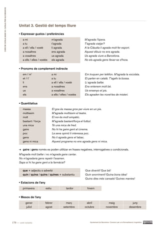 CURS DE CATAlà BàSIC B1. CATAlà PER AlS nEGoCIS




                                                        Unitat 3. Gestió del temps lliure

                                                        • Expressar gustos i preferències
                                                           a mi                         m’agrada                  M’agrada l’òpera.
                                                           a tu                         t’agrada                  T’agrada viatjar?
                                                           a ell / ella / vostè         li agrada                 A la Clàudia li agrada molt fer esport.
                                                           a nosaltres                  ens agrada                Aquest dibuix no ens agrada.
                                                           a vosaltres                  us agrada                 Us agrada viure a Barcelona.
                                                           a ells / elles / vostès      els agrada                No els agrada gens llevar-se d’hora.


                                                        • Pronoms de complement indirecte
                                                           em / m’                      a mi                      Em truquen per telèfon. M’agrada la xocolata.
                                                           et / t’                      a tu                      Et parlen en català. T’agafo la bossa.
                                                           li                           a ell / ella / vostè      Li agrada ballar.
                                                           ens                          a nosaltres               Ens entenem molt bé.
                                                           us                           a vosaltres               Us ensenyo el pis.
                                                           els                          a ells / elles / vostès   Els agraden les novel·les de misteri.


                                                        • Quantitatius
                                                           massa                        El gos és massa gros per viure en un pis.
                                                           moltíssim                    M’agrada moltíssim el teatre.
                                                           molt                         El noi és molt simpàtic.
                                                           bastant / força              M’agrada bastant/força el futbol.
                                                           una mica                     Té una mica de fred.
                                                           gaire                        No hi ha gaire gent al cinema.
                                                           poc                          La seva opinió li interessa poc.
                                                           gens                         No li agrada gens el tabac.
                                                           gens ni mica                 Aquest programa no ens agrada gens ni mica.

                                                           gaire i gens només es poden utilitzar en frases negatives, interrogatives o condicionals.
                                                        M’agrada molt ballar i no m’agrada gaire cantar.
                                                        No m’agradaria gens repetir l’examen.
                                                        Saps si hi ha gaire gent a la farmàcia?

                                                           que + adjectiu o adverbi                               Que divertit! Que bé!
                                                           quin / quina / quins / quines + substantiu             Quin avorriment! Quina bona idea!
                                                                                                                  Quins dies més cansats! Quines manies!
                                                        • Estacions de l’any
                                                           primavera            estiu                tardor         hivern


                                                        • Mesos de l’any
                                                              gener             febrer               març          abril                     maig                           juny
                                                              juliol            agost              setembre       octubre                  novembre                       desembre




                                                  170 — cent setanta                                                  Ajuntament de Barcelona i Consorci per a la Normalització Lingüística
 