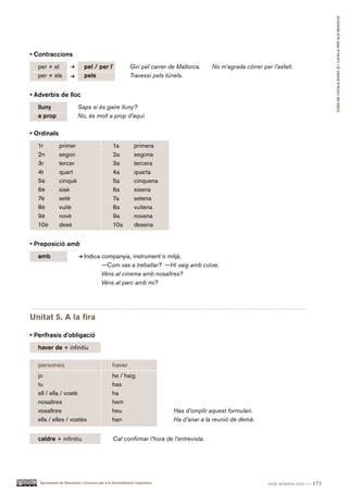 CURS DE CATAlà BàSIC B1. CATAlà PER AlS nEGoCIS
• Contraccions
   per + el                   pel / per l’                Giri pel carrer de Mallorca.   No m’agrada córrer per l’asfalt.
   per + els                  pels                        Travessi pels túnels.


• Adverbis de lloc
   lluny                  Saps si és gaire lluny?
   a prop                 No, és molt a prop d’aquí.

• Ordinals
   1r         primer                           1a           primera
   2n         segon                            2a           segona
   3r         tercer                           3a           tercera
   4t         quart                            4a           quarta
   5è         cinquè                           5a           cinquena
   6è         sisè                             6a           sisena
   7è         setè                             7a           setena
   8è         vuitè                            8a           vuitena
   9è         novè                             9a           novena
   10è        desè                             10a          desena


• Preposició amb
   amb                        Indica companyia, instrument o mitjà.
                                     —Com vas a treballar? —Hi vaig amb cotxe.
                                     Véns al cinema amb nosaltres?
                                     Véns al parc amb mi?




Unitat 5. A la fira

• Perífrasis d’obligació
   haver de + infinitiu

   persones                                    haver
   jo                                          he / haig
   tu                                          has
   ell / ella / vostè                          ha
   nosaltres                                   hem
   vosaltres                                   heu                         Has d’omplir aquest formulari.
   ells / elles / vostès                       han                         Ha d’anar a la reunió de demà.


   caldre + infinitiu                          Cal confirmar l’hora de l’entrevista.




   Ajuntament de Barcelona i Consorci per a la Normalització Lingüística                                       cent setanta-tres — 173
 