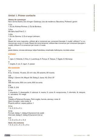 CURS DE CATAlà BàSIC B1. CATAlà PER AlS nEGoCIS
Unitat 1. Primer contacte
Abans de començar
Nom: Emma Subirà, Lloc d’origen: Catalunya, Lloc de residència: Barcelona, Professió: gerent
1.1.c
1. Es diu Andrew Portman. 2. És de Bordeus.
1.3.a
(de dalt a baix) Foto 2, 1
1.3.b
1. Es diu Gemma. 2. És el senyor Lehmann.
1.4
Davant de noms masculins, utilitzem el si comencen per consonant (excepte h muda); utilitzem l’ si co-
mencen per vocal o h muda. Davant de noms femenins, utilitzem la si comencen per consonant (excepte h
muda); utilitzem l’ si comencen per vocal o h muda.
2.1
pasta italiana, cervesa alemanya, tulipa holandesa, ensaïmada mallorquina, xocolata suïssa

L’alfabet
1
1. Japó, 2. Holanda, 3. Xina, 4. Luxemburg, 5. França, 6. Txèquia, 7. Egipte, 8. Alemanya
3
1. targeta, 2. xut, 3. iogurt, 4. passar

Els numerals
1.a
6 sis, 12 dotze, 16 setze, 22 vint-i-dos, 60 seixanta, 90 noranta
1.b
Diàleg 1. Gerent: 64, Miquel: 59. Diàleg 2. Joana: 43, Oriol: 37
2.a
200 dos-cents, 500 cinc-cents, 600 sis-cents
2.b
2. 625, 3. 216
3.1.a
1. arquitecta, 2. dissenyador, 3. advocat, 4. mestra, 5. cuiner, 6. recepcionista, 7. informàtic, 8. intèrpret,
9. secretària, 10. metge
3.1.b
Treballo al Parlament Europeu. Parlo anglès, francès, alemany i xinès: 8
Atenc trucades i rebo visites: 6
Projecto edificis i espais públics: 1
4.1.a
1. b, 2. d, 3. a, 4. c
4.1.b
Formals: diàleg 1 i diàleg 4 (tractament de vostè)
Informals: diàleg 2 i diàleg 3 (tractament de tu)
4.2
1. b, 2. e, 3. a, 4. c, 5. d
Quiz: els costums
1. b, 2. a, 3. c, 4. c, 5. c, 6. a




    Ajuntament de Barcelona i Consorci per a la Normalització Lingüística                     cent vuitanta-tres — 183
 