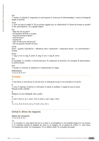 CURS DE CATAlà BàSIC B1. CATAlà PER AlS nEGoCIS




                                                       3.2
                                                       1. mostra, 2. estands, 3. negociació, 4. perrruqueria, 5. manicura, 6. hidromassatge, 7. sauna, 8. botiga de
                                                       regals, 9. gimnàs
                                                       4.1.a
                                                       1. Com ha anat el viatge? 2. És la primera vegada que ve a Barcelona? 3. Quant de temps es queda?
                                                       4. Oh, quina llàstima... 5. Li agrada viatjar?
                                                       5.1
                                                       —Bon dia. On el porto?
                                                       —A l’aeroport del Prat, si us plau.
                                                       —A quina terminal el deixo?
                                                       —A la terminal 1.
                                                       —Quant és?
                                                       —Són 21,45 euros. Vol factura?
                                                       —No cal, gràcies. Quedi’s el canvi.
                                                       5.2.b
                                                       premi – guardó, importància – rellevància, bars i restaurants – restauració, lleure – oci, escombraries –
                                                       residus
                                                       5.3.a
                                                       1. vaig, 2. vinc, 3. vaig, 4. anem, 5. vaig, 6. vinc, 7. vaig, 8. venim
                                                       5.4
                                                       3. equipatge, 11. sortides, 4. serveis bancaris, 15. restaurant, 9. ascensor, 10. consigna, 8. sala d’espera,
                                                       5. primers auxilis
                                                       5.5
                                                       1. escala, 2. connexió, 3. suplement, 4. embarcament, 5. viatge
                                                       Informació
                                                       1. F, 2. V, 3. F, 4. F

                                                       Tu mateix
                                                       1
                                                       1. has d’anar, 2. hem de ser, 3. han de venir, 4. he/haig de trucar, 5. heu d’arribar, 6. ha de fer
                                                       2
                                                       1. coixí, 2. esponja, 3. barnús, 4. interruptor, 5. aixeta, 6. tovallola, 7. raspall, 8. pica, 9. pinta
                                                       Paraula oculta: cobrellit
                                                       3
                                                       Diàleg A: vol, pot. Diàleg B: volen, poden
                                                       4
                                                       a. anar / venir; b. ve; c. aneu / vinc; d. véns; e. vas / vaig; f. veniu
                                                       5
                                                       1. c, 2. c, 3. b, 4. b, 5. a, 6. a, 7. b, 8. c, 9. a, 10. c



                                                       Unitat 6. Dinar de negocis
                                                       Abans de començar
                                                       1. F, 2. V, 3. F, 4. F
                                                       1.1
                                                       1. un mocador, 2. unes ulleres de sol, 3. un diari, 4. un pintallavis, 5. una ampolla d’aigua, 6. una cartera,
                                                       7. un ordinador portàtil, 8. targetes de visita, 9. un bolígraf, 10. un paquet de xiclets, 11. unes claus,
                                                       12. targetes de crèdit, 13. el passaport, 14. un telèfon mòbil, 15. mocadors de paper




                                                  190 — cent noranta                                                     Ajuntament de Barcelona i Consorci per a la Normalització Lingüística
 