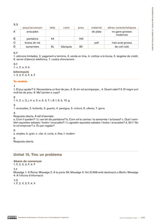 CURS DE CATAlà BàSIC B1. CATAlà PER AlS nEGoCIS
2.3
            peça/accessori                       talla             color      preu   material   altres característiques
A             arracades                                                              de plata       no gaire grosses
                                                                                                       modernes
B                pantalons                        44                          140
C              bossa de mà                                                             pell        més aviat grossa
D               samarretes                        XL            blanques      80                    de coll rodó

2.7
1. edicions limitades, 2. pagament a terminis, 3. venda en línia, 4. cotitzar a la borsa, 5. targetes de crèdit,
6. servei d’atenció telefònica, 7. costos d’enviament.
3.1
1. c, 2. a, 3. b
Informació
1. V, 2. F, 3. F, 4. F

Tu mateix
1
1. El puc ajudar? 2. Necessitaria un llum de peu. 3. Si em vol acompanyar... 4. Quant valen? 5. El negre surt
molt bé de preu. 6. Me’l porten a casa?
2
1. h, 2. c, 3. j, 4. a, 5. e, 6. d, 7. i, 8. f, 9. b, 10. g
3
1. arracades, 2. bufanda, 3. guants, 4. paraigua, 5. cinturó, 6. ulleres, 7. gorra
4
Resposta oberta. A tall d’exemple:
a. Com li queden? / Li van bé els pantalons? b. Com vol la camisa / la samarreta / la bossa? c. Què li sem-
blen aquestes sabates / botes / arracades? / Li agraden aquestes sabates / botes / arracades? d. Se’l / Se
la vol emprovar? e. És per regalar?
5
a. amples, b. gran, c. clar, d. curta, e. llisa, f. modern
6
Resposta oberta



Unitat 10. Tinc un problema
Abans de començar
1. F, 2. V, 3. F, 4. F
1.1
Missatge 1: A Roma; Missatge 2: A la porta 39; Missatge 3: Vol JC468 amb destinació a Berlín; Missatge
4: A l’oficina d’informació
1.3
1. F, 2. V, 3. F, 4. V




      Ajuntament de Barcelona i Consorci per a la Normalització Lingüística                              cent noranta-cinc — 195
 