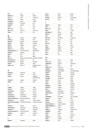 CURS DE CATAlà BàSIC B1. CATAlà PER AlS nEGoCIS
fira f                          feria                        fair                  jardí m                jardín            garden
flexible adj                    flexible                     flexible              jersei m               jersey            jersey
fora adv                        fuera                        outside, out          jornada f              jornada           working-day
formal adj                      formal                       formal                jove adj               joven             young
formatge m                      queso                        cheese
formulari m                     formulario                   form                  l
forquilla f                     tenedor                      fork                  lavabo m               lavabo            toilet
fred m                          frío                         cold                  llana f                lana              wool
fred -a adj                     frío -a                      cold                  llarg -a adj           largo -a          long
fresc -a adj                    fresco -a                    fresh, cool           llegir v               leer              to read
fruita f                        fruta                        fruit                 lleig lletja adj       feo fea           ugly
                                                                                   llençol m              sábana            sheet
g                                                                                  llet f                 leche             milk
gana f                          hambre                       hunger                llevar-se v            levantarse        to wake up
ganivet m                       cuchillo                     knife                 llis -a adj            liso -a           plain
garantia f                      garantía                     guarantee             llit m                 cama              bed
gastar v                        gastar                       to spend              lliure adj             libre             free
gaudir v                        disfrutar                    to enjoy              lloc m                 lugar             place
genoll m                        rodilla                      knee                  llogar v               alquilar          to rent
gerent m i f                    gerente                      manager               lloguer m              alquiler          rent
germà/germana m i f             hermano/hermana              brother/sister        llum m                 lámpara           lamp
gimnàs m                        gimnasio                     gym                   llum f                 luz               light
gorra f                         gorra                        cap                   lluna f                luna              moon
got m                           vaso                         glass
gran adj                        grande / mayor (persona) big, large / old, elder   m
gras grassa adj                 gordo -a                     fat                   mà f                   mano              hand
gros grossa adj                 grande                       big, large            maco -a adj            majo -a           nice
guant m                         guante                       glove                 magatzem m             almacén           warehouse
guapo -a adj                    guapo -a                     handsome, good-       mal m                  dolor             pain
                                                             looking               malalt -a adj          enfermo -a        ill
                                                                                   malaltia f             enfermedad        illness
h                                                                                  malentès m             malentendido      misunderstanding
habitació f                     habitación                   room                  maleta f               maleta            suitcase
hivern m                        invierno                     winter                maletí m               maletín           briefcase
horari m                        horario                      timetable,            màniga f               manga             sleeve
                                                             business hours        mantega f              mantequilla       butter
hospital m                      hospital                     hospital              marca f                marca             brand
hotel m                         hotel                        hotel                 mare f                 madre             mother
                                                                                   marit m                marido            husband
i                                                                                  matalàs m              colchón           mattress
imatge f                        imagen                       image                 material m             material          material
import m                        importe                      amount                matí m                 mañana            morning
impressora f                    impresora                    printer               matinada f             madrugada         dawn
imprimir v                      imprimir                     to print              medicament m           medicamento       medicine
inauguració f                   inauguración                 opening               mel f                  miel              honey
inconvenient m                  inconveniente                problem               melmelada f            mermelada         jam, marmalade
infermer/infermera m i f enfermero/enfermera                 nurse                 menjar m               comida            food
informal adj                    informal                     informal, casual      menjar v               comer             to eat
informàtic/informàtica          informático/informática      computer specialist   mercat m               mercado           market
mif                                                                                mestre/mestra m i f    maestro/maestra   teacher
informe m                       informe                      report                metge/metgessa m i f   médico            doctor
interessant adj                 interesante                  interesting           metro m                metro             subway
intèrpret m i f                 intérprete                   interpreter           migdia m               mediodía          midday, noon
inversor/inversora m i f        inversor/inversora           investor              migdiada f             siesta            siesta
invitació f                     invitación                   invitation            mirall m               espejo            mirror
iogurt m                        yogur                        yogurt                mirar v                mirar             to look at
                                                                                   mitges f pl            medias            tights
j                                                                                  mitjó m                calcetín          sock
jaqueta f                       chaqueta                     jacket                mòbil adj              móvil             mobile




         Ajuntament de Barcelona i Consorci per a la Normalització Lingüística                                                    dos-cents cinc — 205
 