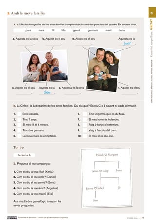 3.   Amb la meva família                                                                                                                                     3




                                                                                                                                                      Gestió del temps lliure UN ITAT
      1. a. Mira les fotografies de les dues famílies i omple els buits amb les paraules del quadre. En sobren dues.

                     pare              mare              fill          filla       germà        germana         marit        dona

     a. Aquesta és la seva                  b. Aquest és el seu                    e. Aquest és el seu                       Aquesta és la
                                 .                                     .                           .                             Judit       .




                                                                                                                                                                CURS DE CATAlà BàSIC B1. CATAlà PER AlS nEGoCIS
     c. Aquest és el seu               Aquesta és la                d. Aquesta és la seva                                    f. Aquest és el seu
                             .                 Chloe            .                           .                                                    .



      b. La Chloe i la Judit parlen de les seves famílies. Qui diu què? Escriu C o J davant de cada afirmació.

      1.         Estic casada.                                                         6.       Tinc un germà que es diu Max.

      2.         Tinc 7 anys.                                                          7.       El meu home és holandès.

      3.         El meu fill té 8 mesos.                                               8.       Faig 34 anys al setembre.

      4.         Tinc dos germans.                                                     9.       Vaig a l’escola del barri.

      5.         La meva mare és comptable.                                            10.      El meu fill es diu Joel.



      Tu i jo

           Persona A

      2. Pregunta al teu company/a:

      1. Com es diu la teva filla? (Xènia)

      2. Com es diu el teu oncle? (Daniel)

      3. Com es diu el teu germà? (Enric)

      4. Com es diu la teva àvia? (Angelina)

      5. Com es diu la teva mare? (Eva)

      Ara mira l’arbre genealògic i respon les
      seves preguntes.


           Ajuntament de Barcelona i Consorci per a la Normalització Lingüística                                                    trenta-nou — 39
 