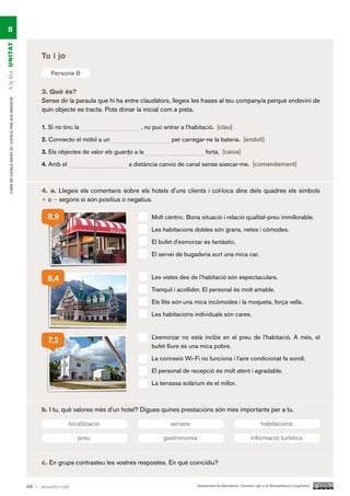 5
A la fira UN ITAT




                                                             Tu i jo

                                                                 Persona B

                                                             3. Què és?
                                                             Sense dir la paraula que hi ha entre claudàtors, llegeix les frases al teu company/a perquè endevini de
     CURS DE CATAlà BàSIC B1. CATAlà PER AlS nEGoCIS




                                                             quin objecte es tracta. Pots donar la inicial com a pista.

                                                             1. Si no tinc la                      , no puc entrar a l’habitació. [clau]

                                                             2. Connecto el mòbil a un                          per carregar-ne la bateria. [endoll]

                                                             3. Els objectes de valor els guardo a la                          forta. [caixa]

                                                             4. Amb el                         a distància canvio de canal sense aixecar-me. [comandament]



                                                             4. a. Llegeix els comentaris sobre els hotels d’uns clients i col·loca dins dels quadres els símbols
                                                             + o – segons si són positius o negatius.

                                                               8,9                                      Molt cèntric. Bona situació i relació qualitat-preu immillorable.

                                                                                                        Les habitacions dobles són grans, netes i còmodes.

                                                                                                        El bufet d’esmorzar és fantàstic.

                                                                                                        El servei de bugaderia surt una mica car.



                                                               8,4                                      Les vistes des de l’habitació són espectaculars.

                                                                                                        Tranquil i acollidor. El personal és molt amable.

                                                                                                        Els llits són una mica incòmodes i la moqueta, força vella.

                                                                                                        Les habitacions individuals són cares.


                                                                                                        L’esmorzar no està inclòs en el preu de l’habitació. A més, el
                                                                7,2
                                                                                                        bufet lliure és una mica pobre.

                                                                                                        La connexió Wi-Fi no funciona i l’aire condicionat fa soroll.

                                                                                                        El personal de recepció és molt atent i agradable.

                                                                                                        La terrassa solàrium és el millor.



                                                             b. I tu, què valores més d’un hotel? Digues quines prestacions són més importants per a tu.

                                                                         localització                          serveis                                           habitacions

                                                                            preu                            gastronomia                                   informació turística


                                                             c. En grups contrasteu les vostres respostes. En què coincidiu?


                                                       68 — seixanta-vuit                                                 Ajuntament de Barcelona i Consorci per a la Normalització Lingüística
 