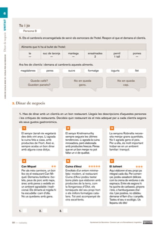6
Dinar de negocis UN ITAT




                                                                Tu i jo
                                                                      Persona B

                                                                5. Ets el cambrer/a encarregat/ada de servir els esmorzars de l’hotel. Respon el que et demana el client/a.

                                                                     Aliments que hi ha al bufet de l’hotel:

                                                                           te             suc de taronja       mantega          ensaïmades                        pernil                   pomes
        CURS DE CATAlà BàSIC B1. CATAlà PER AlS nEGoCIS




                                                                           —                   —                 —                   2                            1 tall                     —

                                                                Ara fes de client/a i demana al cambrer/a aquests aliments.

                                                                 magdalenes                 peres              sucre            formatge                      iogurts                         llet


                                                                           Queda cafè?                              No en queda                                       No en queda
                                                                          Queden panets?                               gens.                                              cap.




                                                          3.   Dinar de negocis

                                                                1. Has de dinar amb un client/a en un bon restaurant. Llegeix les descripcions d’aquestes persones
                                                                i les crítiques de restaurants. Decideix quin restaurant és el més adequat per a cada client/a segons
                                                                els seus gustos gastronòmics.

                                                                      1                                        2                                              3
                                                                     El senyor Jarrah és vegetarià           El senyor Krishnamurthy                       La senyora Rubiralta neces-
                                                                     des dels vint anys. Li agrada           sempre segueix les últimes                    sita menjar grans quantitats.
                                                                     la cuina feta a casa, amb               tendències. Li agrada la cuina                No li agrada gens el peix.
                                                                     productes de l’hort. Això sí,           innovadora, però elaborada                    Per a ella, és molt important
                                                                     sempre acaba un bon dinar               amb productes frescos. Pensa                  trobar-se en un ambient
                                                                     amb alguna cosa dolça.                  que en un bon menjar no pot                   familiar i tranquil.
                                                                                                             faltar un vi de qualitat.

                                                                      a                                        b                                              c

                                                                     Can Miquel
                                                                                                **
                                                                     Per als més carnívors, un bon
                                                                                                             Cuina d’Avui
                                                                                                                                 *****
                                                                                                             Envoltats d’un entorn minima-
                                                                                                                                                           El Julivert
                                                                                                                                                           Aquí elaboren el seu propi pa
                                                                                                                                                                                               ***
                                                                     lloc és el restaurant Can Mi-           lista i modern, al restaurant                 integral cada dia. Per comen-
                                                                     quel. Demaneu botifarra i bo-           Cuina d’Avui podeu tastar                     çar, podeu assaborir delícies
                                                                     lets, peus de porc amb naps,            bons plats que elaboren amb                   com la crema de verdures o els
                                                                     ànec amb peres o vedella en             productes de la terra, com                    espinacs. Entre els segons hi
                                                                     un ambient agradable i tradi-           la llonganissa d’Olot, els                    ha quiche de carbassó, pinyons
                                                                     cional. Els dimarts al migdia hi        tomàquets del seu propi hort                  i brie, o hamburgueses d’ar-
                                                                     ha escudella i carn d’olla.             o els millors formatges cata-                 ròs. I per postres, no oblideu
                                                                     No us quedareu amb gana.                lans. Tot això acompanyat de                  demanar el flam d’ou i canyella.
                                                                                                             vins excel·lents.                             Tasteu el seu vi ecològic. Us
                                                                                                                                                           llepareu els dits!

                                                                1.                   2.                 3.



                                                          80 — vuitanta                                                           Ajuntament de Barcelona i Consorci per a la Normalització Lingüística
 