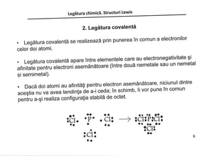 Legätura chimicä. Structuri Lewis
2. Legätura covalentã
Legätura covalentä se rea lizeazáprin punerea în comun a electronilor
celor doi atomi.
. Legätura covalentä apare între elementele care au electronegativitate çi
afinitate pentru electroni asemänätoare (între douä nemetale sau un nemetal
si semimetal).
. Dacä doi atomi au afinitäli pentru electron asemänätoare, niciunul dintre
a; în schimb, îi vor Pune În comun
de octet.
¡o
Cl. oE)o 1-IO
^¡- t ,-I f
.lo oO OO^
-
tcltPtcl:
o¡
oo
o
oo
o{}
o
o
o o. Oo ao
O/^I o
O f¡-lO
onlo
f l-.I ¡ I
oo
l.
 