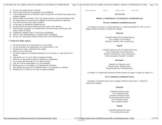 CURS PRACTIC DE LIMBA ENGLEZA-VERBUL/CONCORDANTA TIMPURILOR                                       Page 5 of 5 CURS PRACTIC DE LIMBA ENGLEZA-VERBUL/ MODUL CONDITIONAL SI FRA... Page 1 of 5


        9. He was very upset because I (be) late.                                                                    Capitolul precedent         Cuprins           Capitolul urmator      Index Cursuri
       10. I did not know that you (wear) glasses since childhood.
       11. I was surprised that his son (fail) the exam, he (trust) his son and he (not expect) such                                                              LECTIA III
           a thing to happen.
       12. When I finally arrived home, I (be) very hungry because I (not eat) anything all day.                                           MODUL CONDITIONAL SI FRAZELE CONDITIONALE
       13. He said he (have to) write down my address as he (not remember) it otherwise.
       14. You will never know how much I (suffer).                                                                                              Present Conditional (conditional prezent)
       15. A week ago, he decided he (change) his job.
       16. He discovered to his horror that he (eat) the worms in the cherries.                                         Se formeaza cu should si would la persoana I si would la persoanele II si III, la care se
       17. After having visited Italy, my friends told me there (be) many small houses and                            adauga infinitivul prezent al verbului de conjugat.
           narrow streets in Padua.
       18. I hoped the company where I (work) (not go) bankrupt.                                                                                                    Afirmativ
       19. After we have finished dinner, we (drink) coffee and brandy.
       20. He was very tired and he (hope) he (have) time to rest that afternoon.                                                                   I should/would go We should/would go
                                                                                                                                                         You would go You would go
      7. Traduceti in limba engleza:                                                                                                                 He/she/it would go They would not go
         1.   Nu mi-am amintit ca ne cunoscusem cu un an inainte.                                                                                                    Negativ
         2.   Nu am stat acasa sa te astept pentru ca nu stiam când vei veni.
         3.   Secretara mi-a spus ca directorul este ocupat.                                                                                    I should/would not go We should/would not go
         4.   Stiam ca esti in Bucuresti.                                                                                                            You would not go You would not go
         5.   Era foarte suparat ca isi pierduse dictionarul si nu era sigur ca va gasi unul nou in                                                He/she/it would not go They would not go
              librarii.                                                                                                                             Forme prescurtate: shouldn’t, wouldn’t.
        6.    I-am promis ca ii voi scrie când voi ajunge la Londra.
        7.    Hotul nu si-a dat seama ca politia il urmarea de o saptamâna.
                                                                                                                                                                   Interogativ
        8.    Iti voi spune adevarul dupa ce il voi afla eu insami.
        9.    Tata imi va da un cadou dupa ce voi lua examenul.
                                                                                                                                                       Should I go? Should we go?
       10.    Masina pe cae o voi cumpara va fi importata din Germania.
                                                                                                                                                      Would you go? Would you go?
       11.    M-a intrebat câte litere sunt in alfabetul chinez si nu am putut sa-I raspund.
                                                                                                                                                     Would he/she/it go? Would they go?
       12.    Politistul ma va intreba ce am vazut in timpul accidentul.
                                                                                                                         Se traduce cu conditionalul prezent din limba româna (as merge, ai merge, ar merge etc.).

                                                                                                                                                    Past Conditional (conditional trecut)

                                                                                                                        Se traduce cu should/would la care se adauga infinitivul trecut (have + forma III a
                                                                                                                      verbului de conjugat).

                                                                                                                                                                    Afirmativ

                                                                                                                                                            I should/would have gone
                                                                                                                                                                You would have gone
                                                                                                                                                           He/she/it would have gone
                                                                                                                                                           We should/would have gone
                                                                                                                                                              You would have gone
                                                                                                                                                              They would have gone

                                                                                                                                                                     Negativ

                                                                                                                                                           I should/would not have gone
                                                                                                                                                              You would not have gone


http://quintet.actrus.ro/biblioteca/cursuri/lb_str/obilisteanu/lectia_2.html                          12/15/04 http://quintet.actrus.ro/biblioteca/cursuri/lb_str/obilisteanu/lectia_3.html                         12/15/04
                                                                                                          13 of 42
 