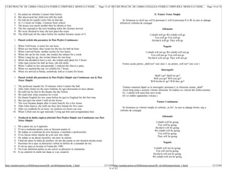 CURS PRACTIC DE LIMBA ENGLEZA-VERBUL/TIMPURILE MODULUI INDIC... Page 13 of 18 CURS PRACTIC DE LIMBA ENGLEZA-VERBUL/TIMPURILE MODULUI INDIC... Page 14 of 18


        3.   He asked me whether I (meet) John before.                                                                                             E. Future Tense Simple
        4.   She discovered her child (not tell) the truth.
        5.   He told me he (catch) some fish on that day.                                                          Se formeaza cu shall sau will la persoana I, will la persoana II si III, la care se adauga
        6.   At 3 o’clock on Friday, I (return) from school.                                                    infinitivul verbului de conjugat.
        7.   The house was much smaller then he (think) at first.
        8.   The fire (spread) to the next building when the firemen arrived.                                                                              Afirmativ
        9.   We were shocked to hear she (not pass) the exam.
       10.   The child (eat) all the cakes before his mother became aware of it.                                                              I (shall) will go We (shall) will go
                                                                                                                                                   You will go You will go
         1. Puneti verbele din paranteze la Past Perfect Continuous:                                                                             He/she/it will go They will go

        1.   When I left home, it (rain) for one hour.                                                                                                      Negativ
        2.   When we met them, they (wait) for the bus for half an hour.
        3.   When I arrived home, mother (cook) for two hours.                                                                            I (shall) will not go We (shall) will not go
        4.   When she sat for the exam, she (study) the subject for a week.                                                                    You will not go You will not go
        5.   When I rang her up, she (write) letters for one hour.                                                                           He/she/it will not go They will not go
        6.   When she decided to have a rest, she (clean) and (dust) for 5 hours.
        7.   After Jane (swim) for half an hour, she felt chilly.                                                 Forma scurta pentru „shall not" este shan’t, iar pentru „will not" este won’t.
        8.   When I called on her unexpectedly, I realized she (have) a party.
        9.   When we reached the top, we (climb) for 7 hours.                                                                                             Interogativ
       10.   When we arrived at Sinaia, somebody told us it (rain) for hours.
                                                                                                                                                   Shall I go? Shall we go?
         1. Puneti verbele din paranteza la Past Perfect Simple sau Continuous sau la Past                                                       Will you go? Will you go?
            Tense Simple:                                                                                                                      Will he/she/it/ go? Will they go?
        1.   The professor (speak) for 10 minutes when I (enter) the hall.                                        Trebuie remarcat faptul ca la interogativ persoana I, se foloseste numai „shall".
        2.   After John (listen to) the news bulletin, he (go) downstairs to have dinner.                         Acest timp arata o actiune viitoare obisnuita. Se traduce cu viitorul din limba româna.
        3.   He (tell) me he (be) to the theatre the day before.                                                  Ex. I (shall) will meet him next week.
        4.   We (ask) him what countries he (visit).                                                              (Il voi intâlni saptamâna viitoare.)
        5.   He (learn) English for two years before he (go) to England for the first time.
        6.   She just (go) out when I (call at) her house.
                                                                                                                                                      Future Continuous
        7.   The river became deeper after it (rain) heavily for a few hours.
        8.   After John (leave), she (tell) me they (be) friends for five years.
                                                                                                                  Se formeaza cu viitorul simplu al verbului „to be", la care se adauga forma -ing a
        9.   After we (walked) for an hour, we (realize) we (lose) our way.
                                                                                                                verbului de conjugat.
       10.   When I (find out) he (get married), I (ring up) him and (congratulate) him.
                                                                                                                                                           Afirmativ
         1. Traduceti in limba engleza folosind Past Perfect Simple sau Continuous sau Past
            Tense Simple:
                                                                                                                                                    I (shall) will be going.
                                                                                                                                                      You will be going.
        1.   Mi-a parut rau ca il jignisem.
                                                                                                                                                   He/she/it will be going.
        2.   El mi-a multumit pentru ceea ce facusem pentru el.
                                                                                                                                                   We (shall) will be going.
        3.   De indata ce a terminat de scris lucrarea, a inmânat-o profesorului.
                                                                                                                                                      You will be going.
        4.   El nu facuse nimic inainte de a-mi cere mie sfatul.
                                                                                                                                                      They will be going.
        5.   De indata ce au plecat musafirii, am mers la culcare.
        6.   Când am ajuns la statia de autobuz, mi-am dat seama ca imi lasasem poseta acasa.
        7.   Secretara mi-a spus ca directorul vorbea la telefon de o jumatate de ora.                                                                      Negativ
        8.   Ei mi-au spus ca locuiau in Franta din 1980.
        9.   Nu ti-am telefonat pentru ca am crezut ca plecasesi in strainatate.                                                                  I (shall) will not be going.
       10.   Ei au calatorit in multe tari dupa ce s-au casatorit.                                                                                  You will not be going.
                                                                                                                                                 He/she/it will not be going.
                                                                                                                                                 We (shall) will not be going.


http://quintet.actrus.ro/biblioteca/cursuri/lb_str/obilisteanu/lectia_1.html                    12/15/04 http://quintet.actrus.ro/biblioteca/cursuri/lb_str/obilisteanu/lectia_1.html                           12/15/04
                                                                                                     8 of 42
 