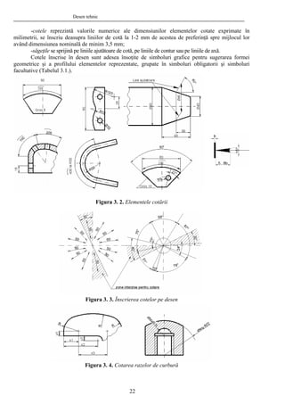 Desen tehnic
-cotele reprezintă valorile numerice ale dimensiunilor elementelor cotate exprimate în
milimetrii, se înscriu deasupra liniilor de cotă la 1-2 mm de acestea de preferinţă spre mijlocul lor
având dimensiunea nominală de minim 3,5 mm;
-săgeţile se sprijină pe liniile ajutătoare de cotă, pe liniile de contur sau pe liniile de axă.
Cotele înscrise în desen sunt adesea însoţite de simboluri grafice pentru sugerarea formei
geometrice şi a profilului elementelor reprezentate, grupate în simboluri obligatorii şi simboluri
facultative (Tabelul 3.1.).
Figura 3. 2. Elementele cotării
Figura 3. 3. Înscrierea cotelor pe desen
Figura 3. 4. Cotarea razelor de curbură
22
 