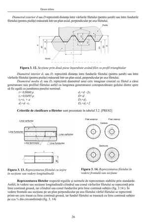 Desen tehnic
Diametrul exterior d sau D reprezintă distanţa între vârfurile filetului (pentru şurub) sau între fundurile
filetului (pentru piuliţe) măsurată într-un plan axial, perpendicular pe axa filetului;
Figura 3. 12. Secţiune prin două piese înşurubate având filet cu profil triunghiular
Diametrul interior d1 sau D1 reprezintă distanţa între fundurile filetului (pentru şurub) sau între
vârfurile filetului (pentru piuliţe) măsurată într-un plan axial, perpendicular pe axa filetului;
Diametrul mediu d2 sau D2 reprezintă diametrul unui cerc imaginar coaxial cu filetul a cărui
generatoare taie profilul filetului astfel ca lungimea generatoarei corespunzătoare golului dintre spire
să fie egală cu jumătatea pasului nominal.
t= 0,8660 p
t1=0,6495 p
t2=t1 + a
d2=d –t1
d1=d –2t1
D=d
D2=d2
D1=d1+2
Criteriile de clasificare a filetelor sunt prezentate în tabelul 3.2. [PRE82]
Figura 3. 14. Reprezentarea filetului în
vedere frontală sau secţiune
Figura 3. 13. Reprezentarea filetului cu ieşire
în secţiune sau vedere longitudinală
Reprezentarea filetelor respectă regulile şi normele de reprezentare stabilite prin standarde.
Astfel, în vedere sau secţiune longitudinală cilindrul sau conul vârfurilor filetului se reprezintă prin
linie continuă groasă, iar cilindrul sau conul fundurilor prin linie continuă subţire (fig. 3.14.). În
vedere frontală sau secţiune pe un plan perpendicular pe axa filetului vârful filetului se reprezintă
printr-un cerc trasat cu linie continuă groasă, iar fundul filetului se trasează cu linie continuă subţire
pe cca ¾ din circumferinţă (fig. 3. 14)
26
 