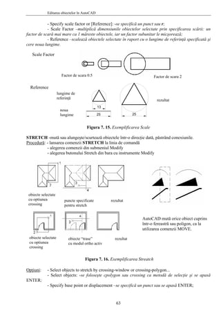 Editarea obiectelor în AutoCAD
- Specify scale factor or [Reference]: -se specifică un punct sau r;
specificarea scării: un
specificată şi
- Scale Factor –multiplică dimensiunile obiectelor selectate prin
factor de scară mai mare ca 1 măreste obiectele, iar un factor subunitar le micşorează;
- Reference –scalează obiectele selectate în raport cu o lungime de referinţă
cere noua lungime.
Scale Factor
Factor de scara 0.5
25
13
25
Factor de scara 2
Figura 7. 15. Exemplificarea Scale
STRETCH -mută sau alungeşte/scurtează obiectele într-o direcţie dată, păstrând conexiunile.
Procedură: - lansarea comenzii STRETCH la linia de comandă
- alegerea comenzii din submeniul Modify
- alegerea butonului Stretch din bara cu instrumente Modify
pţiuniO : - Select objects to stretch by crossing-window or crossing-polygon...
selecţie şi se apasă
NTER;
- Specify base point or displacement –se specifică un punct sau se apasă ENTER;
- Select objects: -se foloseşte cpolygon sau crossing ca metodă de
E
AutoCAD mută orice obiect cuprins
într-o fereastră sau poligon, ca la
utilizarea comenzii MOVE.
obiecte selectate
cu optiunea
crossing
puncte specificate
pentru stretch
rezultat
obiecte selectate
cu optiunea
crossing
obiecte “trase”
cu modul ortho activ
rezultat
Figura 7. 16. Exemplificarea Streatch
noua
elungim
rezultat
lungime de
Reference
referinţă
63
 