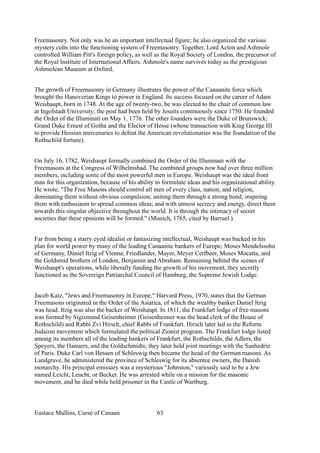 Freemasonry. Not only was he an important intellectual figure; he also organized the various
mystery cults into the functioning system of Freemasonry. Together, Lord Acton and Ashmole
controlled William Pitt's foreign policy, as well as the Royal Society of London, the precursor of
the Royal Institute of International Affairs. Ashmole's name survives today as the prestigious
Ashmolean Museum at Oxford.
The growth of Freemasonry in Germany illustrates the power of the Canaanite force which
brought the Hanoverian Kings to power in England. Its success focused on the career of Adam
Weishaupt, born in 1748. At the age of twenty-two, he was elected to the chair of common law
at Ingolstadt University; the post had been held by Jesuits continuously since 1750. He founded
the Order of the Illuminati on May 1, 1776. The other founders were the Duke of Brunswick;
Grand Duke Ernest of Gotha and the Elector of Hesse (whose transaction with King George III
to provide Hessian mercenaries to defeat the American revolutionaries was the foundation of the
Rothschild fortune).
On July 16, 1782, Weishaupt formally combined the Order of the Illuminati with the
Freemasons at the Congress of Wilhelmsbad. The combined groups now had over three million
members, including some of the most powerful men in Europe. Weishaupt was the ideal front
man for this organization, because of his ability to formulate ideas and his organizational ability.
He wrote, "The Free Masons should control all men of every class, nation, and religion,
dominating them without obvious compulsion; uniting them through a strong bond; inspiring
them with enthusiasm to spread common ideas; and with utmost secrecy and energy, direct them
towards this singular objective throughout the world. It is through the intimacy of secret
societies that these opinions will be formed." (Munich, 1765, cited by Barruel.)
Far from being a starry eyed idealist or fantasizing intellectual, Weishaupt was backed in his
plan for world power by many of the leading Canaanite bankers of Europe; Moses Mendelssohn
of Germany, Daniel Itzig of Vienna; Friedlander, Mayer, Meyer Cerfbeer, Moses Mocatta, and
the Goldsmid brothers of London, Benjamin and Abraham. Remaining behind the scenes of
Weishaupt's operations, while liberally funding the growth of his movement, they secretly
functioned as the Sovereign Patriarchal Council of Hamburg, the Supreme Jewish Lodge.
Jacob Katz, "Jews and Freemasonry in Europe," Harvard Press, 1970, states that the German
Freemasons originated in the Order of the Asiatica, of which the wealthy banker Daniel Itzig
was head. Itzig was also the backer of Weishaupt. In 1811, the Frankfurt lodge of free masons
was formed by Sigismund Geisenheimer (Geisenheimer was the head clerk of the House of
Rothschild) and Rabbi Zvi Hirsch, chief Rabbi of Frankfurt. Hirsch later led in the Reform
Judaism movement which formulated the political Zionist program. The Frankfurt lodge listed
among its members all of the leading bankers of Frankfurt, the Rothschilds, the Adlers, the
Speyers, the Hanuers, and the Goldschmidts; they later held joint meetings with the Sanhedrin
of Paris. Duke Carl von Hessen of Schleswig then became the head of the German masons. As
Landgrave, he administered the province of Schleswig for its absentee owners, the Danish
monarchy. His principal emissary was a mysterious "Johnston," variously said to be a Jew
named Leicht, Leucht, or Becker. He was arrested while on a mission for the masonic
movement, and he died while held prisoner in the Castle of Wartburg.
Eustace Mullins, Curse of Canaan 63
 