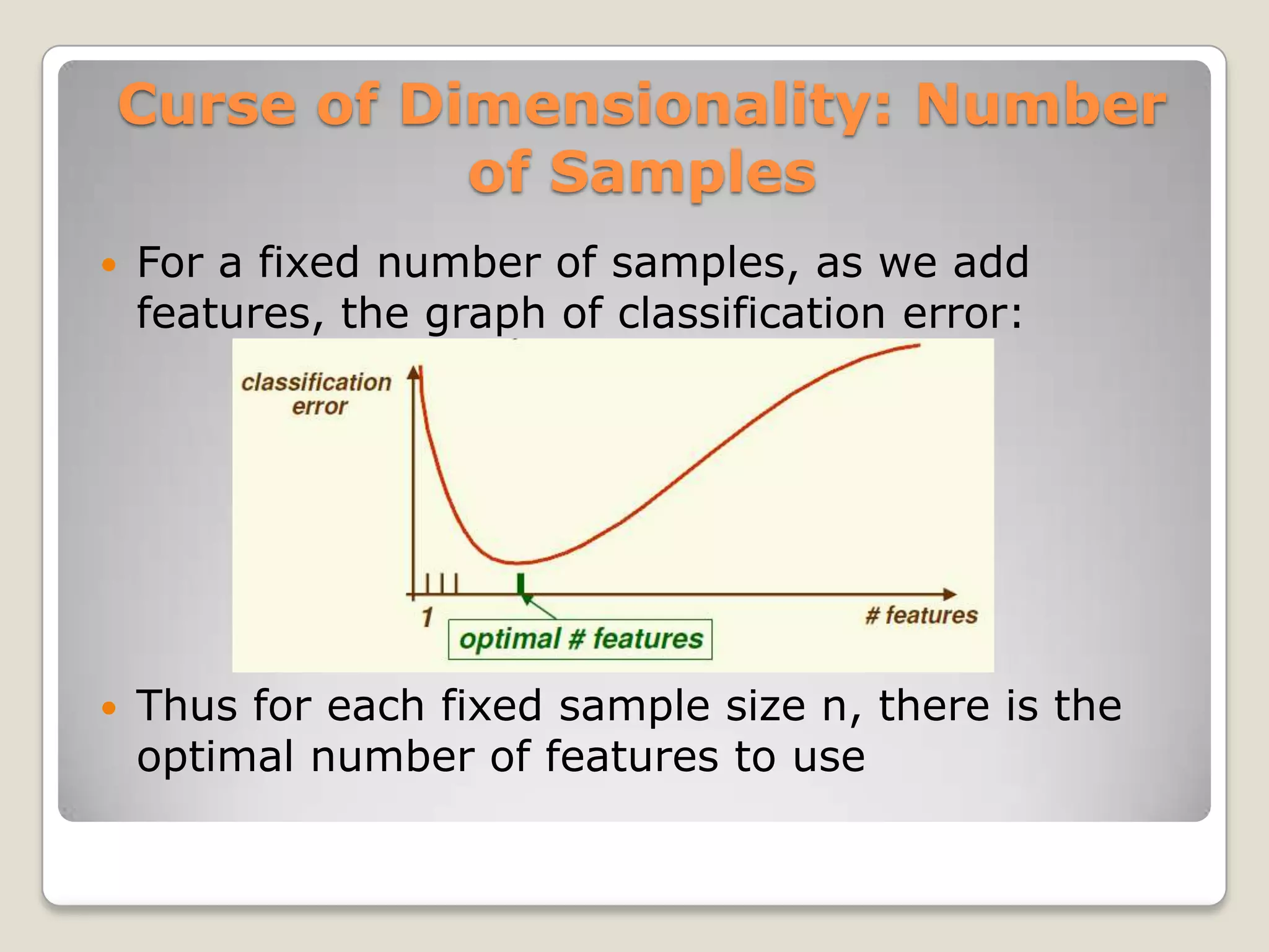 Curse of Dimensionality: Number
           of Samples
   For a fixed number of samples, as we add
    features, the graph of classification error:




   Thus for each fixed sample size n, there is the
    optimal number of features to use
 