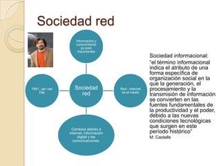 Sociedad red<br />Sociedad informacional:<br />“el término informacional indica el atributo de una forma específica de org...
