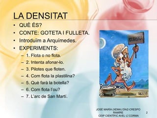 LA DENSITAT
2
JOSÉ MARÍA (XEMA) DÍAZ-CRESPO
RAMÍRE
CEIP CIENTÍFIC AVEL·LÍ CORMA
• QUÈ ÉS?
• CONTE: GOTETA I FULLETA.
• Introduïm a Arquímedes.
• EXPERIMENTS:
– 1. Flota o no flota.
– 2. Intenta afonar-lo.
– 3. Pilotes que floten.
– 4. Com flota la plastilina?
– 5. Què farà la botella?
– 6. Com flota l’ou?
– 7. L’arc de San Martí.
 