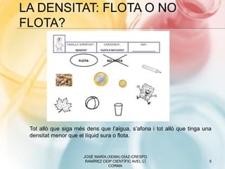 LA DENSITAT: FLOTA O NO
FLOTA?
JOSÉ MARÍA (XEMA) DÍAZ-CRESPO
RAMÍREZ CEIP CIENTÍFIC AVEL·LÍ
CORMA
5
Tot allò que siga més dens que l’aigua, s’afona i tot allò que tinga una
densitat menor que el líquid sura o flota.
 