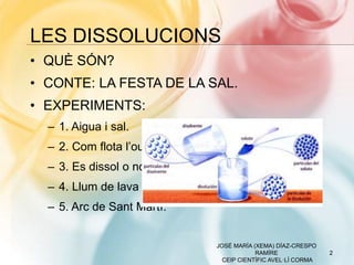 LES DISSOLUCIONS
2
JOSÉ MARÍA (XEMA) DÍAZ-CRESPO
RAMÍRE
CEIP CIENTÍFIC AVEL·LÍ CORMA
• QUÈ SÓN?
• CONTE: LA FESTA DE LA SAL.
• EXPERIMENTS:
– 1. Aigua i sal.
– 2. Com flota l’ou?
– 3. Es dissol o no?
– 4. Llum de lava
– 5. Arc de Sant Martí.
 