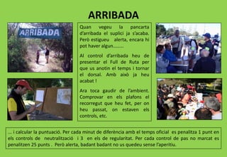 ARRIBADA
Quan vegeu la pancarta
d’arribada el suplici ja s’acaba.
Però estigueu alerta, encara hi
pot haver algun........
Al control d’arribada heu de
presentar el Full de Ruta per
que us anotin el temps i tornar
el dorsal. Amb això ja heu
acabat !
Ara toca gaudir de l’ambient.
Comprovar en els plafons el
recorregut que heu fet, per on
heu passat, on estaven els
controls, etc.
... i calcular la puntuació. Per cada minut de diferència amb el temps oficial es penalitza 1 punt en
els controls de neutralització i 3 en els de regularitat. Per cada control de pas no marcat es
penalitzen 25 punts . Però alerta, badant badant no us quedeu sense l’aperitiu.
 