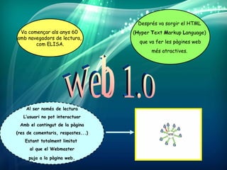 Després va sorgir el HTML
 Va començar als anys 60            (Hyper Text Markup Language)
amb navegadors de lectura,
       com ELISA.                     que va fer les pàgines web
                                           més atractives.




    Al ser només de lectura
   L’usuari no pot interactuar
 Amb el contingut de la pàgina
(res de comentaris, respostes...)
    Estant totalment limitat
      al que el Webmaster

     puja a la pàgina web.
 