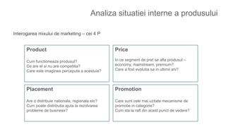 Analiza situatiei interne a produsului
Interogarea mixului de marketing – cei 4 P
Product
Cum functioneaza produsul?
Ce are el si nu are competitia?
Care este imaginea perceputa a acestuia?
Price
In ce segment de pret se afla produsul –
economy, mainstream, premium?
Care a fost evolutia sa in ultimii ani?
Placement
Are o distribuie nationala, regionala etc?
Cum poate distributia ajuta la rezolvarea
probleme de business?
Promotion
Care sunt cele mai uzitate mecanisme de
promotie in categorie?
Cum sta la raft din acest punct de vedere?
 