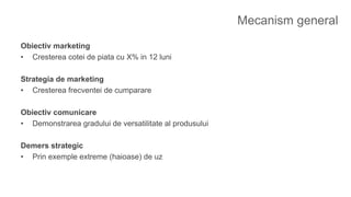 Mecanism general
Obiectiv marketing
• Cresterea cotei de piata cu X% in 12 luni
Strategia de marketing
• Cresterea frecventei de cumparare
Obiectiv comunicare
• Demonstrarea gradului de versatilitate al produsului
Demers strategic
• Prin exemple extreme (haioase) de uz
 