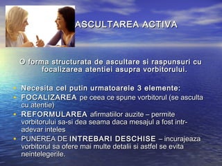 ASCULTAREA ACTIVA



    O forma structurata de ascultare si raspunsuri cu
          focalizarea atentiei asupra vorbitorului.

• Necesita cel putin urmatoarele 3 elemente:
• FOCALIZAREA pe ceea ce spune vorbitorul (se asculta
    cu atentie)
•   REFORMULAREA afirmatiilor auzite – permite
    vorbitorului sa-si dea seama daca mesajul a fost intr-
    adevar inteles
•   PUNEREA DE INTREBARI DESCHISE – incurajeaza
    vorbitorul sa ofere mai multe detalii si astfel se evita
    neintelegerile.
 