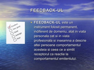 FEEDBACK-UL

• FEEDBACK-UL este un
 instrument folosit permanent,
 indiferent de domeniu, atat in viata
 personala cat si in viata
 profesionala si inseamna a descrie
 altei persoane comportamentul
 acesteia si ceea ce a simtit
 receptorul ca reactie la
 comportamentul emitentului.
 