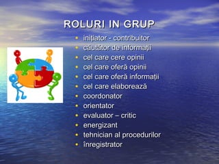 ROLURI IN GRUP
 •   iniţiator - contribuitor
 •   căutător de informaţii
 •   cel care cere opinii
 •   cel care oferă opinii
 •   cel care oferă informaţii
 •   cel care elaborează
 •   coordonator
 •   orientator
 •   evaluator – critic
 •   energizant
 •   tehnician al procedurilor
 •   înregistrator
 