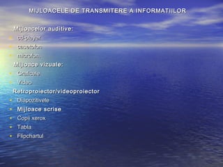 MIJLOACELE DE TRANSMITERE A INFORMATIILOR


    Mijloacelor auditive:
•    cd-player
•    casetofon
•    microfon.
    Mijloace vizuale:
• Graficele
• Video
    Retroproiector/videoproiector
•    Diapozitivele
•    Mijloace scrise
•    Copii xerox
•    Tabla
•    Flipchartul
 