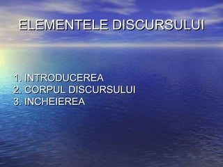 ELEMENTELE DISCURSULUI


1. INTRODUCEREA
2. CORPUL DISCURSULUI
3. INCHEIEREA
 