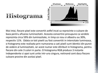 Mai intai, fiecare pixel este convertit astfel incat sa reprezinte o culoare de
baza pentru afisarea luminozitatii. Aceasta convertire presupune ca verdele
reprezinta circa 59% din luminozitate, in timp ce rosu si albastru au 30%,
respectiv 11%. Odata ce toti pixelii au fost convertiti in intensitate luminoasa,
o histograma este realizata prin numararea a cati pixeli sunt identici din punct
de vedere al luminozitatii, iar acest numar este ditribuit in histograma, pentru
fiecare din cele 3 culori in parte. O histograma RGB produce 3 instante
independente si apoi sunt unite intr-una singura, netinand cont daca fiecare
culoare provine din acelasi pixel.
 