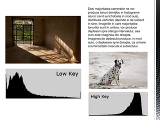 Desi majoritatea camerelor ne vor
produce tonuri demijloc in histograme
atunci cand sunt folosite in mod auto,
distributia varfurilor depinde si de subiect
in sine. Imaginile in care majoritatea
tonurilor sunt in umbra, vor produce
deplasari spre stanga intervalului, asa
cum este imaginea din dreapta.
Imaginea de dedesubt produce, in mod
auto, o deplasare spre dreapta, ca urmare
a luminozitatii crescute a subiectului.
 