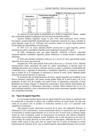 Instalaţii frigorifice. Teorie şi programe pentru instruire
17
Tabel 2.1 Principalii agenţi frigorifici
Denumirea
Temperatura normală de
vaporizare [°C]
k
[–]
Amoniac (R717)
R12
R22
Clorură de metil
R502
CO2
R134a
– 33,35
– 29,80
– 40,84
– 23,74
– 45,60
– 78,52
– 26,42
1,30
1,14
1,16
1,20
-
1,30
1.14
Se observă că aceşti agenţi au proprietatea de a fierbe la temperaturi scăzute, putând
deci să absoarbă căldură la temperaturi mai mici decât ale mediului ambiant.
Istoricul fluidelor frigorifice începe în anul 1834, când americanul Jacob Perkins
brevetează o maşină frigorifică funcţionând prin comprimare mecanică de vapori, utilizând ca
agent frigorific oxidul de etil. Utilizarea unei asemenea maşini s-a dovedit rapid limitată de
nivelul ridicat de inflamabilitate al acestui agent.
În 1876 Carl von Linde, datorită utilizării amoniacului ca agent frigorific, permite
adevărata dezvoltare a instalaţiilor frigorifice prin comprimare mecanică de vapori.
În 1880, introducerea unui nou agent frigorific, anhidrida carbonică, reprezintă
începutul utilizării instalaţiilor frigorifice pentru îmbarcarea la bordul navelor a produselor
alimentare.
În 1920, prin utilizarea anhidridei sulfuroase şi a clorurii de metil, apar primele maşini
frigorifice de uz casnic sau comercial.
Începând din 1930, apar primele hidrocarburi fluorurate şi clorurate (CFC). Datorită
caracteristicilor foarte interesante din punct de vedere termodinamic şi datorită marii lor
stabilităţi atât termice cât şi chimice, utilizarea acestora va aduce o ameliorare considerabilă atât
a fiabilităţii cât şi a siguranţei în funcţionare a instalaţiilor frigorifice cu compresie mecanică.
Aşa se explică de ce în comparaţie cu amoniacul şi clorura de metil, aceste substanţe poartă
denumirea de agenţi frigorifici de siguranţă.
În numeroase ţări, pe lângă denumirea de freoni, agenţii frigorifici pot fi întâlniţi şi sub
diverse denumiri comerciale, care pentru acelaşi produs diferă de la ţară la ţară şi de la un
producător la altul. R12 de exemplu, este numit Forane 12 (denumirea comercială a Uzinei
Kuhlmann din Franţa), Flugene 12 (denumirea comercială a firmei Pechine Saint-Gobain din
Franţa), sau Genetron 12 (denumirea comercială a societăţii Allied Chemical din S.U.A.). În
unele publicaţii ştiinţifice, chiar şi denumirea de freoni, pentru desemnarea agenţilor frigorifici,
este considerată comercială.
2.2 Tipuri de agenţi frigorifici
La ora actuală numărul foarte mare de agenţi frigorifici este datorat şi problemei atât
de mediatizate şi discutate în ultimii ani, a poluării produse de aceşti freoni. De fapt este
vorba de un proces care se produce în stratosfera terestră şi care va fi prezentat mult
simplificat în continuare.
Sub acţiunea razelor ultraviolete provenite de la soare, din moleculele freonilor se
eliberează Cl (clor monoatomic). Acesta reacţionează chimic cu ozonul (O3) care se găseşte
în stratosferă şi rezultă oxigen biatomic O2 şi oxizi de clor. În acest mod, se distruge treptat
stratul de ozon al planetei, având un binecunoscut rol protector prin filtrarea radiaţiilor
ultraviolete, nocive pentru sănătatea umană. Problema este cu atât mai gravă cu cât oxizii de
clor rezultaţi din reacţia descrisă, nu sunt stabili şi se descompun, eliberând din nou Cl. Se
produc astfel reacţii în lanţ, prin care un singur atom de Cl poate să distrugă un număr
impresionant de molecule de O3. Aşa se explică apariţia, deocamdată deasupra celor doi poli
 