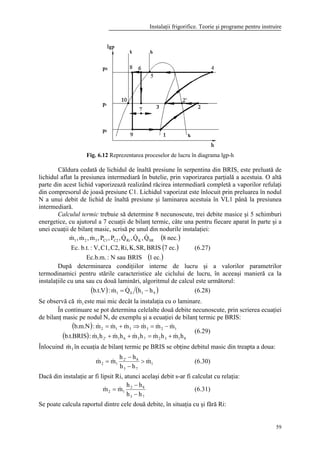 Instalaţii frigorifice. Teorie şi programe pentru instruire
59
Fig. 6.12 Reprezentarea proceselor de lucru în diagrama lgp-h
Căldura cedată de lichidul de înaltă presiune în serpentina din BRIS, este preluată de
lichidul aflat la presiunea intermediară în butelie, prin vaporizarea parţială a acestuia. O altă
parte din acest lichid vaporizează realizând răcirea intermediară completă a vaporilor refulaţi
din compresorul de joasă presiune C1. Lichidul vaporizat este înlocuit prin preluarea în nodul
N a unui debit de lichid de înaltă presiune şi laminarea acestuia în VL1 până la presiunea
intermediară.
Calculul termic trebuie să determine 8 necunoscute, trei debite masice şi 5 schimburi
energetice, cu ajutorul a 7 ecuaţii de bilanţ termic, câte una pentru fiecare aparat în parte şi a
unei ecuaţii de bilanţ masic, scrisă pe unul din nodurile instalaţiei:
( )
( )
( )ec.1BRISsauN:Ec.b.m.
ec.7BRISSR,K,Ri,C2,C1,V,:b.t.Ec.
nec.8Q,Q,Q,P,P,m,m,m SRKRiC2C1321
&&&&&&
(6.27)
După determinarea condiţiilor interne de lucru şi a valorilor parametrilor
termodinamici pentru stările caracteristice ale ciclului de lucru, în aceeaşi manieră ca la
instalaţiile cu una sau cu două laminări, algoritmul de calcul este următorul:
( ) ( )9101 hhQm:V.t.b −= && (6.28)
Se observă că 1m& este mai mic decât la instalaţia cu o laminare.
În continuare se pot determina celelalte două debite necunoscute, prin scrierea ecuaţiei
de bilanţ masic pe nodul N, de exemplu şi a ecuaţiei de bilanţ termic pe BRIS:
( )
( ) 81327361'21
123312
hmhmhmhmhm:BRIS.t.b
mmmmmm:N.m.b
&&&&&
&&&&&&
+=++
−=⇒+=
(6.29)
Înlocuind 3m& în ecuaţia de bilanţ termic pe BRIS se obţine debitul masic din treapta a doua:
1
73
8'2
12 m
hh
hh
mm &&& >
−
−
= (6.30)
Dacă din instalaţie ar fi lipsit Ri, atunci acelaşi debit s-ar fi calculat cu relaţia:
73
82
12
hh
hh
mm
−
−
= && (6.31)
Se poate calcula raportul dintre cele două debite, în situaţia cu şi fără Ri:
 