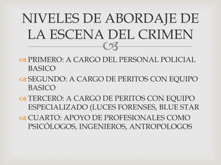 
 PRIMERO: A CARGO DEL PERSONAL POLICIAL
BASICO
 SEGUNDO: A CARGO DE PERITOS CON EQUIPO
BASICO
 TERCERO: A CARGO DE PERITOS CON EQUIPO
ESPECIALIZADO (LUCES FORENSES, BLUE STAR
 CUARTO: APOYO DE PROFESIONALES COMO
PSICÓLOGOS, INGENIEROS, ANTROPOLOGOS
NIVELES DE ABORDAJE DE
LA ESCENA DEL CRIMEN
 