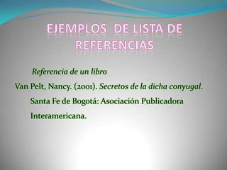 EJEMPLOS  DE LISTA DE REFERENCIAS   Referencia de un libroVan Pelt, Nancy. (2001). Secretos de la dicha conyugal. Santa Fe de Bogotá: Asociación Publicadora Interamericana.