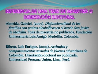REFERENCIA DE UNA TESIS DE MAESTRÍA O DISERTACIÓN DOCTORALAlmeida, Gabriel. (2007). Disfuncionalidad de las familias con padres alcohólicos en el barrio San Javier de Medellín. Tesis de maestría no publicada. Fundación Universitaria Luis Amigó, Medellín, Colombia.Ribero, Luis Enrique. (2004). Actitudes y comportamientos sexuales de jóvenes adventistas de Colombia. Disertación doctoral no publicada, Universidad Peruana Unión, Lima, Perú.