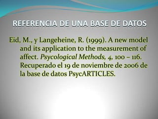 REFERENCIA DE UNA BASE DE DATOSEid, M., y Langeheine, R. (1999). A new model and its application to the measurement of affect. PsycologicalMethods, 4, 100 – 116. Recuperado el 19 de noviembre de 2006 de la base de datos PsycARTICLES.