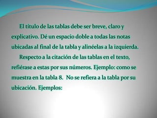 El título de las tablas debe ser breve, claro y explicativo. Dé un espacio doble a todas las notas ubicadas al final de la tabla y alinéelas a la izquierda. Respecto a la citación de las tablas en el texto, refiérase a estas por sus números. Ejemplo: como se muestra en la tabla 8.  No se refiera a la tabla por su ubicación. Ejemplos: