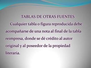 TABLAS DE OTRAS FUENTESCualquier tabla o figura reproducida debe acompañarse de una nota al final de la tabla reimpresa, donde se dé crédito al autor original y al poseedor de la propiedad literaria. 