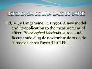 Eid, M., y Langeheine, R. (1999). A new model
and its application to the measurement of
affect. Psycological Methods, 4, 100 – 116.
Recuperado el 19 de noviembre de 2006 de
la base de datos PsycARTICLES.
 