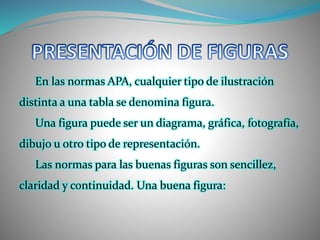 En las normas APA, cualquier tipo de ilustración
distinta a una tabla se denomina figura.
Una figura puede ser un diagrama, gráfica, fotografía,
dibujo u otro tipo de representación.
Las normas para las buenas figuras son sencillez,
claridad y continuidad. Una buena figura:
 