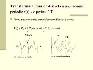 Transformata Fourier discretă a unui semnal
periodic x(t), de perioadă T
 forma trigonometrică a transformatei Fourier discrete
∞ ∞
F(t) = C0 + Σ Cn cos(n ωt) + Σ Sn sin(n ωt)
n=1 n=1
F(t)=x(t) x(t)
F(t)
t t
x(t) - semnal periodic x(t) – semnal aperiodic
 