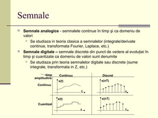 Semnale
 Semnale analogice - semnalele continue în timp şi ca domeniu de
valori
 Se studiaza in teoria clasica a semnalelor (integrale/derivate
continue, transformata Fourier, Laplace, etc.)
 Semnale digitale – semnale discrete din punct de vedere al evoluţiei în
timp şi cuantizate ca domeniu de valori sunt denumite
 Se studiaza prin teoria semnalelor digitale sau discrete (sume
integrale, transformata in Z, etc.)
t
t
t
t
x(t)
x(t)
x(nT)
x(nT)
Continuu Discret
Continuu
Cuantizat
timp
amplitudine
 