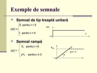 Exemple de semnale
 Semnal de tip treaptă unitară
0 pentru t < 0
σ(t) =
1 pentru t > 0
 Semnal rampă
0, pentru t <0
x(t) =
a*t, pentru t ≥ 0
σ(t)
t
Vsat
tg α = a
α
 