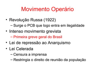 Movimento Operário
• Revolução Russa (1922)
– Surge o PCB que logo entra em ilegalidade

• Intenso movimento grevista
– Primeira greve geral do Brasil

• Lei de repressão ao Anarquismo
• Lei Celerada
– Censura a imprensa
– Restringia o direito de reunião da população

 