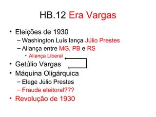 HB.12 Era Vargas
• Eleições de 1930
– Washington Luís lança Júlio Prestes
– Aliança entre MG, PB e RS
• Aliança Liberal

• Getúlio Vargas
• Máquina Oligárquica
– Elege Júlio Prestes
– Fraude eleitoral???

• Revolução de 1930

 
