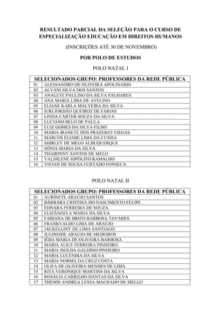 RESULTADO PARCIAL DA SELEÇÃO PARA O CURSO DE
ESPECIALIZAÇÃO EDUCAÇÃO EM DIREITOS HUMANOS
(INSCRIÇÕES ATÉ 30 DE NOVEMBRO)
P...