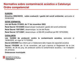 EUROPA
Directiva 2002/49/CE, sobre avaluació i gestió del soroll ambiental, aprovada el
25/06/2002
ESTAT ESPANYOL
Llei del Ruido 37/2003, de 17 de novembre 2003
Reial Decret 1513/2005 desenvolupa l’avaluació i gestió del soroll ambiental
Reial Decret 1367/2007, desenvolupa la Llei del Ruido
Reial Decret 1371/2007, desenvolupa el DB-HR (modificat pel RD 1675/2008)
CATALUNYA
Llei 16/2002 de protecció contra la contaminació acústica, aprovada el
16/06/2002, en vigor el 11/10/2002
Decret 245/2005 fixa criteris per a l’elaboració dels mapes de capacitat acústica
Decret 176/2009, de 10 de novembre, pel qual s’aprova el Reglament de la Llei
16/2002, de 28 de juny, de protecció contra la contaminació acústica, i se n’adapten
els annexos
Ordenances municipals
Normativa sobre contaminació acústica a Catalunya
Ordre competencial
2
 